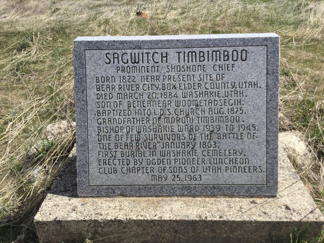 A tombstone for Sagwitch Timbimboo, the first person to be buried at Washakie Cemetery